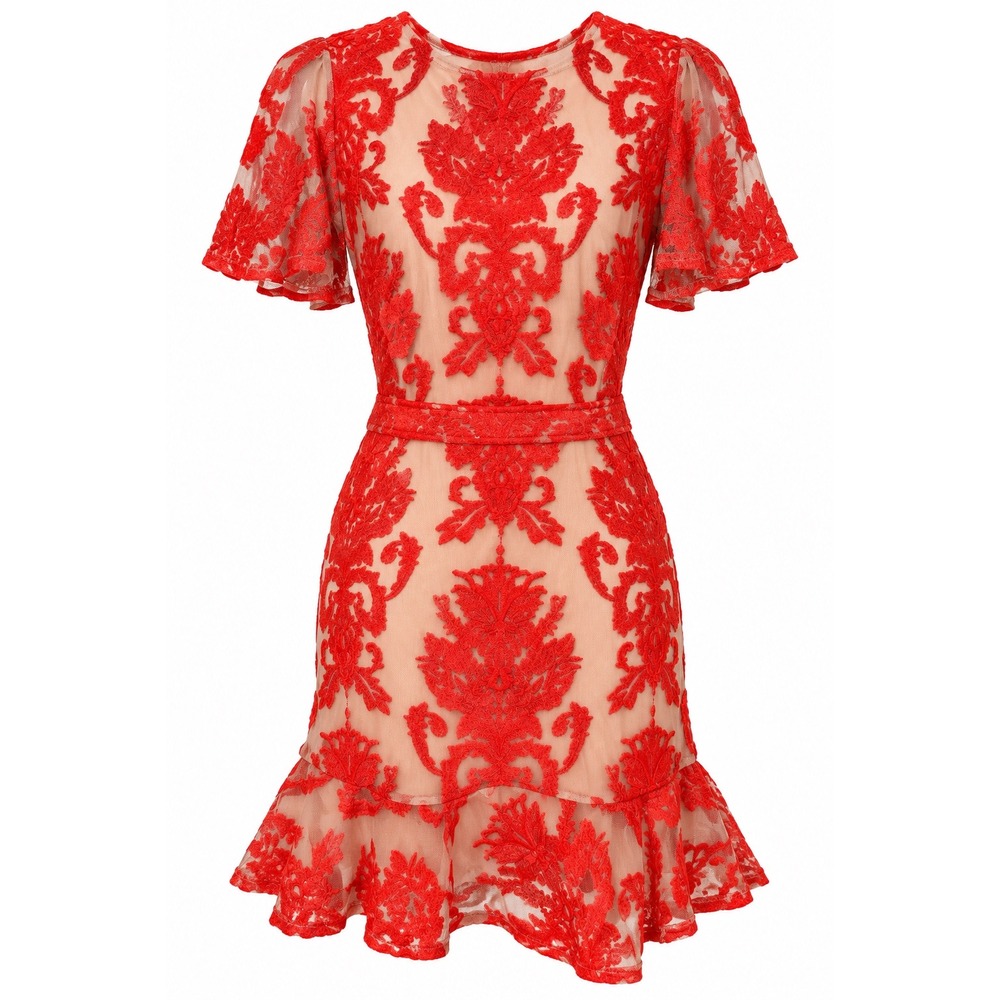 For Love & Lemons Mini Dress XS Red San Marcos Embroidered Mesh Coquette Y2K